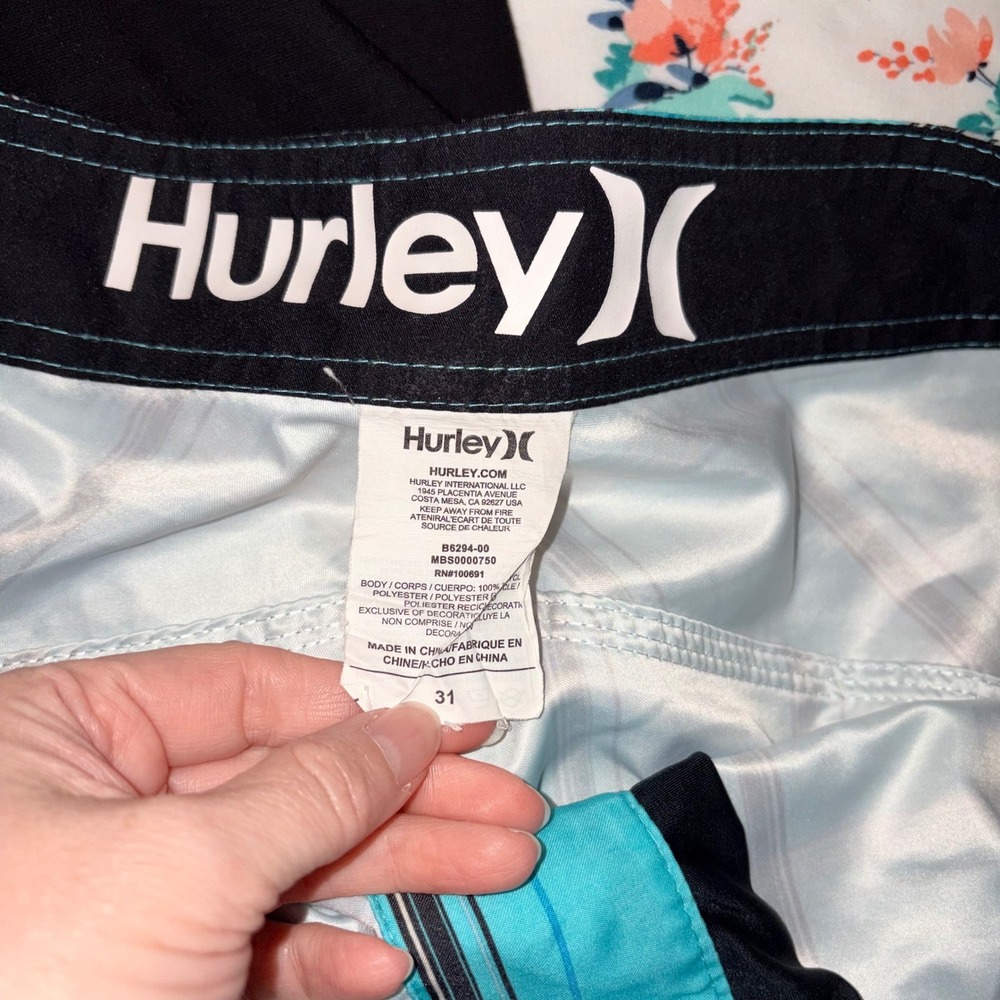 Hurley Mens Board Shorts Turquoise Blue Plaid Striped Swim Trunks Size 31 - Picture 6 of 6